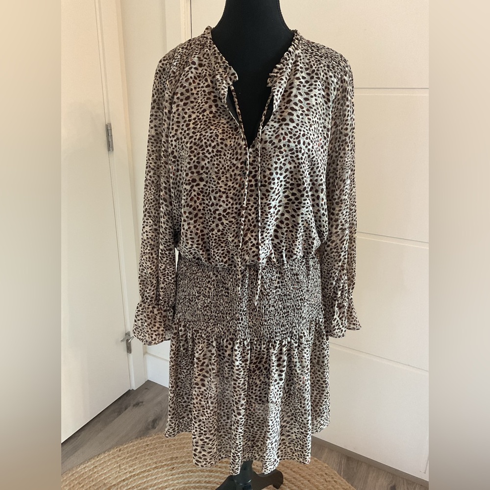 Black Tape Brown and Cream Long Sleeve Shirt Dress with smocked  waistband ,
